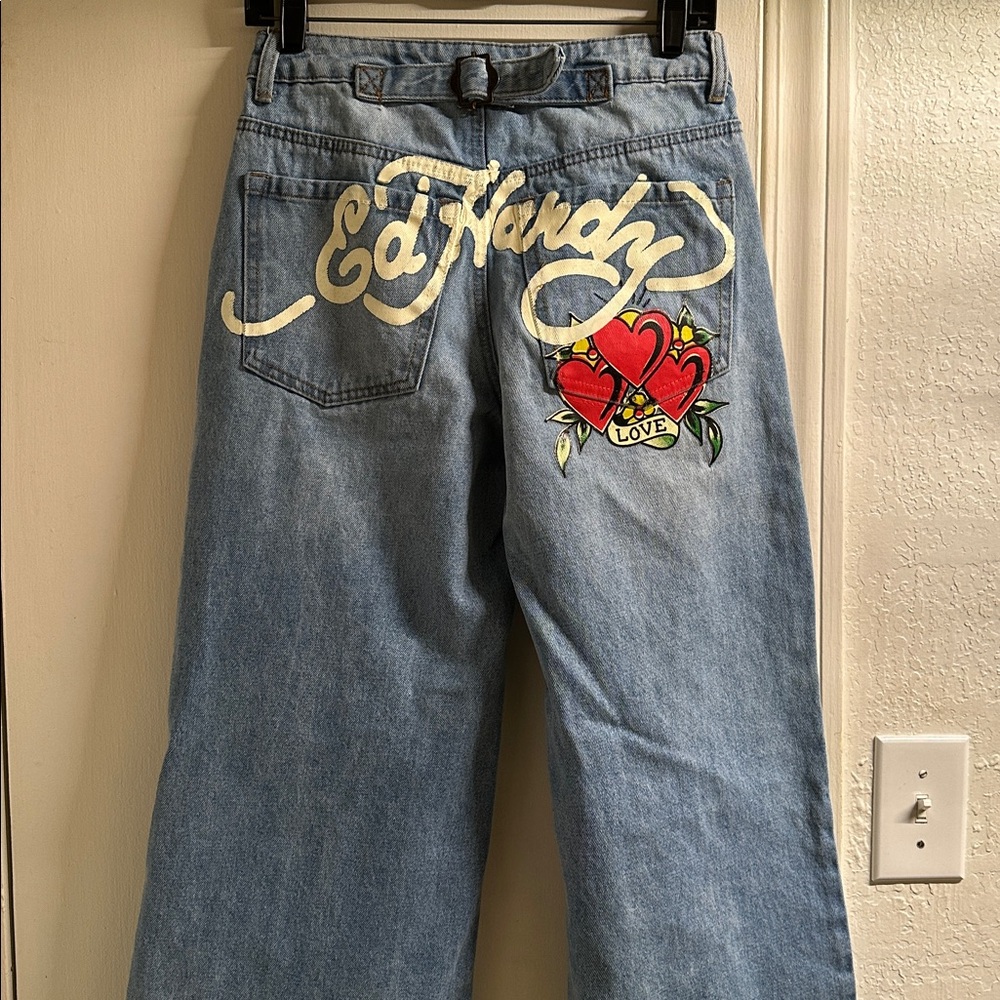 Ed Hardy Blue Wide Leg Jeans with Colorful Embroidery